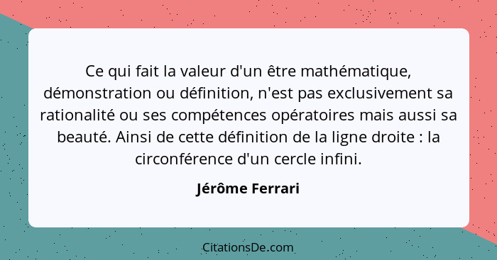 Ce qui fait la valeur d'un être mathématique, démonstration ou définition, n'est pas exclusivement sa rationalité ou ses compétences... - Jérôme Ferrari