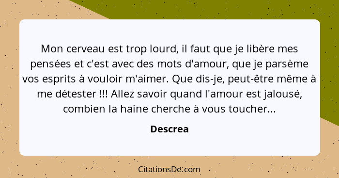 Mon cerveau est trop lourd, il faut que je libère mes pensées et c'est avec des mots d'amour, que je parsème vos esprits à vouloir m'aimer.... - Descrea