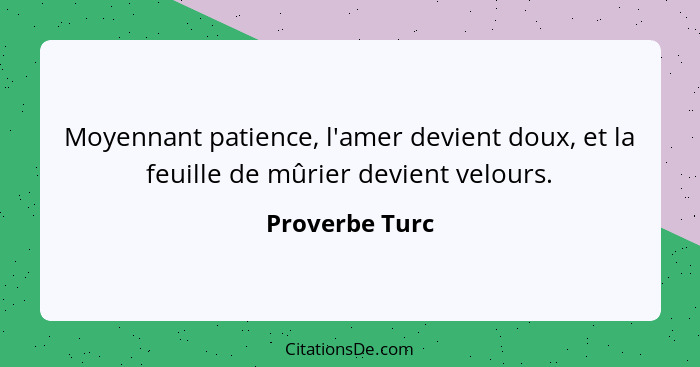 Moyennant patience, l'amer devient doux, et la feuille de mûrier devient velours.... - Proverbe Turc