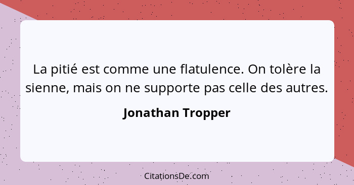 La pitié est comme une flatulence. On tolère la sienne, mais on ne supporte pas celle des autres.... - Jonathan Tropper