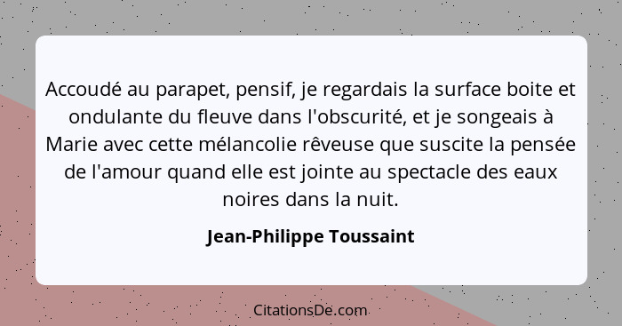 Accoudé au parapet, pensif, je regardais la surface boite et ondulante du fleuve dans l'obscurité, et je songeais à Marie av... - Jean-Philippe Toussaint