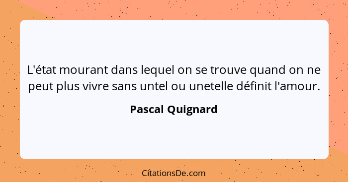 L'état mourant dans lequel on se trouve quand on ne peut plus vivre sans untel ou unetelle définit l'amour.... - Pascal Quignard