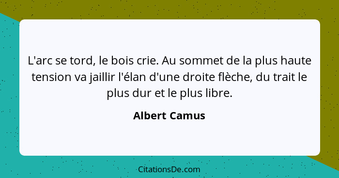 L'arc se tord, le bois crie. Au sommet de la plus haute tension va jaillir l'élan d'une droite flèche, du trait le plus dur et le plus... - Albert Camus