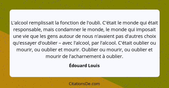 L'alcool remplissait la fonction de l'oubli. C'était le monde qui était responsable, mais condamner le monde, le monde qui imposait un... - Édouard Louis