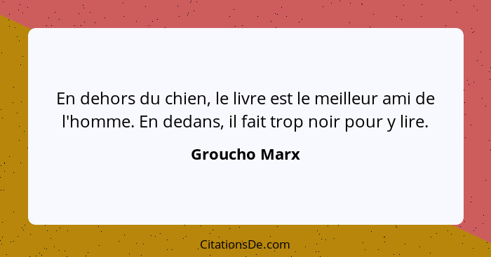 En dehors du chien, le livre est le meilleur ami de l'homme. En dedans, il fait trop noir pour y lire.... - Groucho Marx