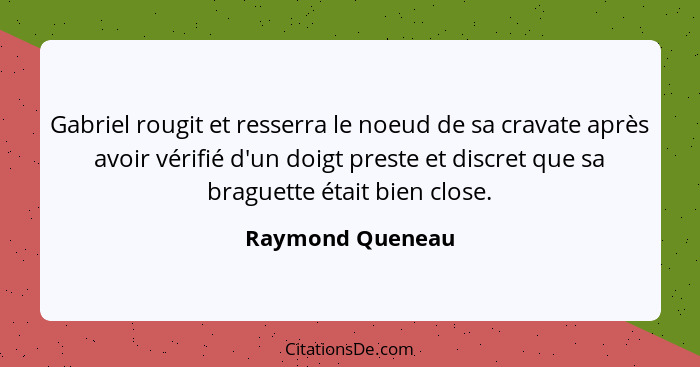 Gabriel rougit et resserra le noeud de sa cravate après avoir vérifié d'un doigt preste et discret que sa braguette était bien close... - Raymond Queneau