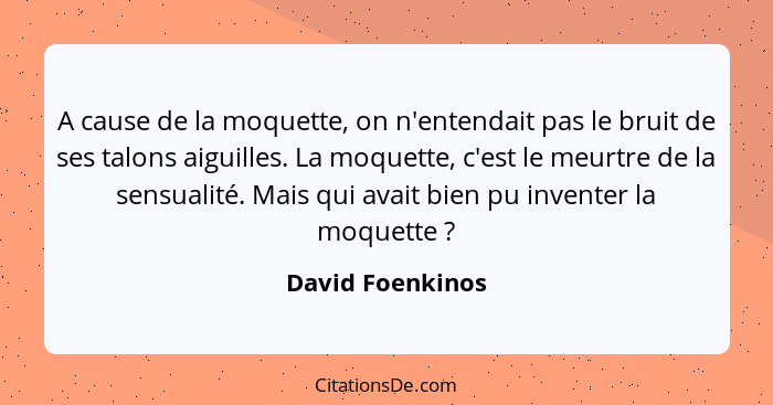 A cause de la moquette, on n'entendait pas le bruit de ses talons aiguilles. La moquette, c'est le meurtre de la sensualité. Mais qu... - David Foenkinos