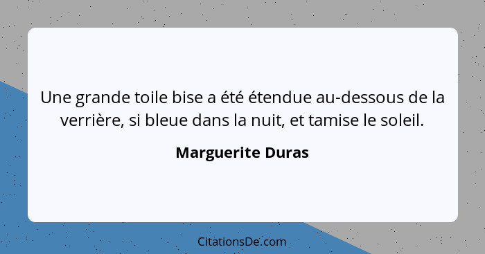 Une grande toile bise a été étendue au-dessous de la verrière, si bleue dans la nuit, et tamise le soleil.... - Marguerite Duras