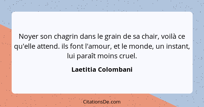 Noyer son chagrin dans le grain de sa chair, voilà ce qu'elle attend. ils font l'amour, et le monde, un instant, lui paraît moins... - Laetitia Colombani