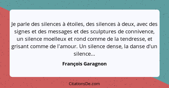 Je parle des silences à étoiles, des silences à deux, avec des signes et des messages et des sculptures de connivence, un silence... - François Garagnon