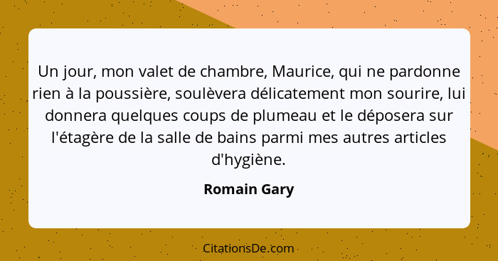 Un jour, mon valet de chambre, Maurice, qui ne pardonne rien à la poussière, soulèvera délicatement mon sourire, lui donnera quelques co... - Romain Gary