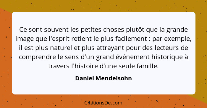 Ce sont souvent les petites choses plutôt que la grande image que l'esprit retient le plus facilement : par exemple, il est p... - Daniel Mendelsohn