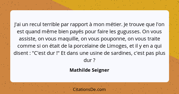 J'ai un recul terrible par rapport à mon métier. Je trouve que l'on est quand même bien payés pour faire les gugusses. On vous assi... - Mathilde Seigner