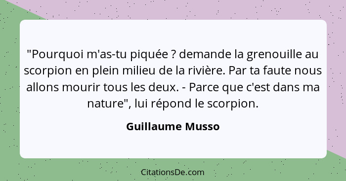 "Pourquoi m'as-tu piquée ? demande la grenouille au scorpion en plein milieu de la rivière. Par ta faute nous allons mourir tou... - Guillaume Musso