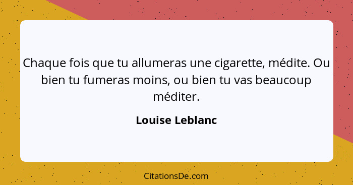 Chaque fois que tu allumeras une cigarette, médite. Ou bien tu fumeras moins, ou bien tu vas beaucoup méditer.... - Louise Leblanc