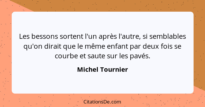 Les bessons sortent l'un après l'autre, si semblables qu'on dirait que le même enfant par deux fois se courbe et saute sur les pavés... - Michel Tournier