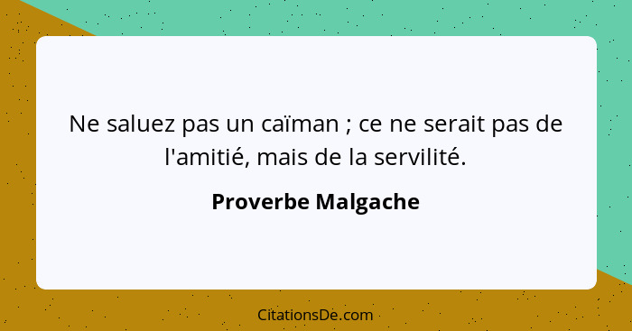 Ne saluez pas un caïman ; ce ne serait pas de l'amitié, mais de la servilité.... - Proverbe Malgache