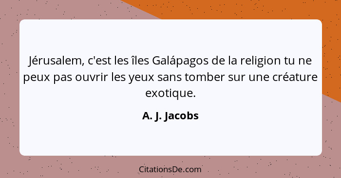 Jérusalem, c'est les îles Galápagos de la religion tu ne peux pas ouvrir les yeux sans tomber sur une créature exotique.... - A. J. Jacobs