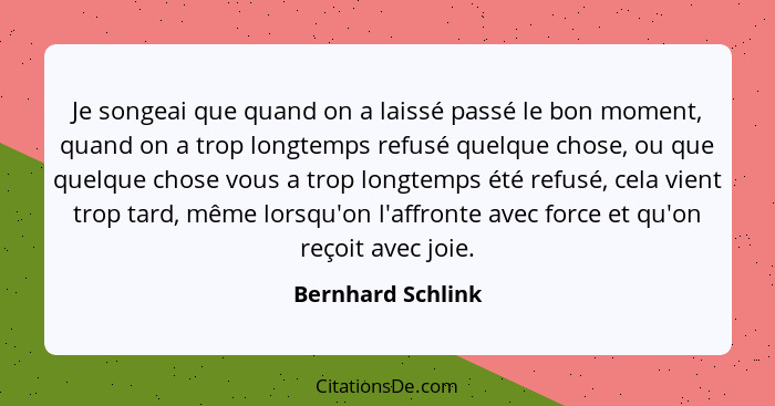 Je songeai que quand on a laissé passé le bon moment, quand on a trop longtemps refusé quelque chose, ou que quelque chose vous a t... - Bernhard Schlink