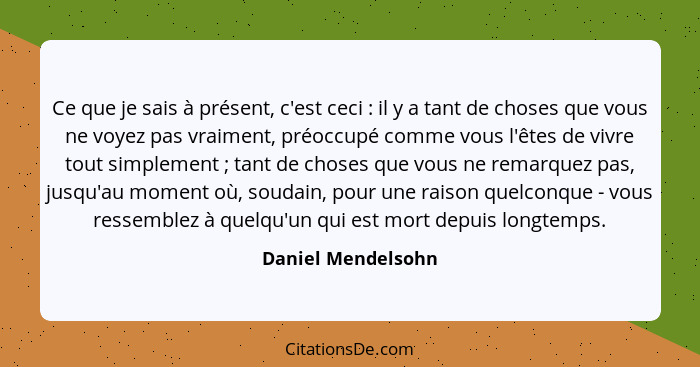 Ce que je sais à présent, c'est ceci : il y a tant de choses que vous ne voyez pas vraiment, préoccupé comme vous l'êtes de v... - Daniel Mendelsohn