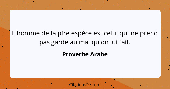 L'homme de la pire espèce est celui qui ne prend pas garde au mal qu'on lui fait.... - Proverbe Arabe