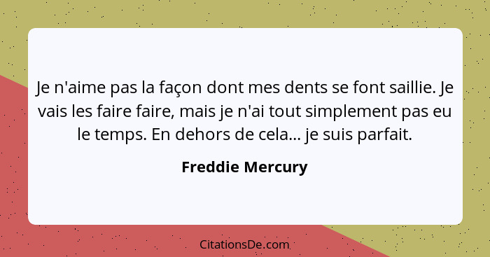 Je n'aime pas la façon dont mes dents se font saillie. Je vais les faire faire, mais je n'ai tout simplement pas eu le temps. En deh... - Freddie Mercury