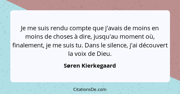 Je me suis rendu compte que j'avais de moins en moins de choses à dire, jusqu'au moment où, finalement, je me suis tu. Dans le sil... - Søren Kierkegaard