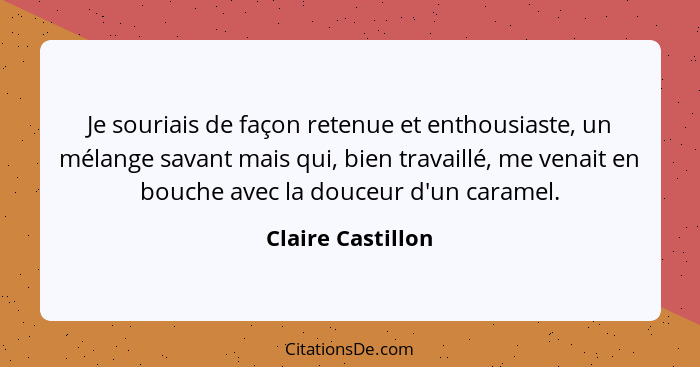 Je souriais de façon retenue et enthousiaste, un mélange savant mais qui, bien travaillé, me venait en bouche avec la douceur d'un... - Claire Castillon