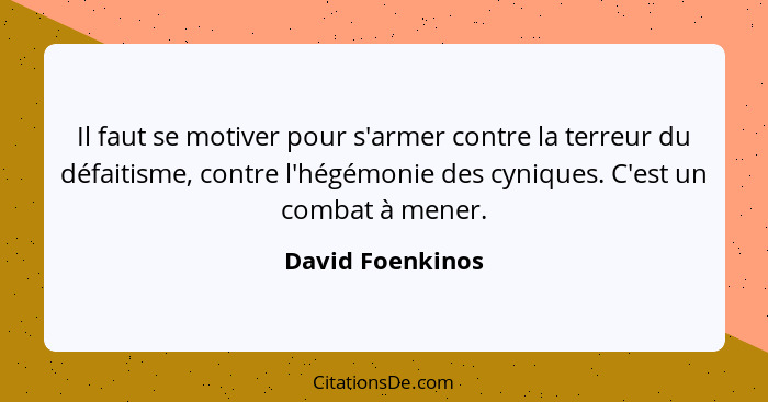 Il faut se motiver pour s'armer contre la terreur du défaitisme, contre l'hégémonie des cyniques. C'est un combat à mener.... - David Foenkinos