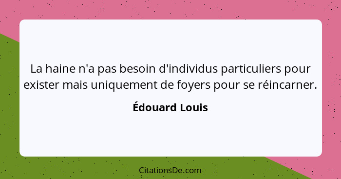 La haine n'a pas besoin d'individus particuliers pour exister mais uniquement de foyers pour se réincarner.... - Édouard Louis