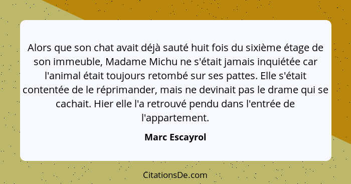 Alors que son chat avait déjà sauté huit fois du sixième étage de son immeuble, Madame Michu ne s'était jamais inquiétée car l'animal... - Marc Escayrol