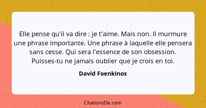 Elle pense qu'il va dire : je t'aime. Mais non. Il murmure une phrase importante. Une phrase à laquelle elle pensera sans cesse... - David Foenkinos