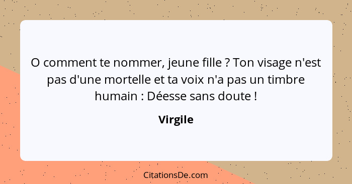 O comment te nommer, jeune fille ? Ton visage n'est pas d'une mortelle et ta voix n'a pas un timbre humain : Déesse sans doute&nbs... - Virgile