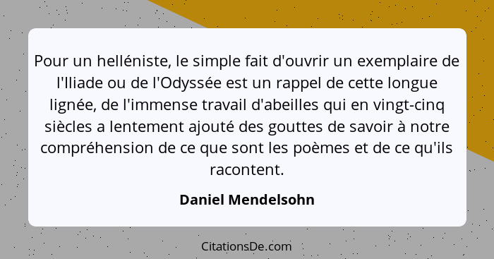 Pour un helléniste, le simple fait d'ouvrir un exemplaire de l'Iliade ou de l'Odyssée est un rappel de cette longue lignée, de l'i... - Daniel Mendelsohn