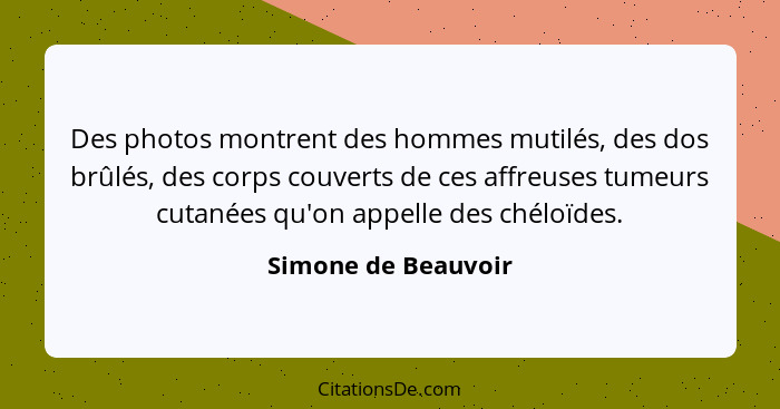 Des photos montrent des hommes mutilés, des dos brûlés, des corps couverts de ces affreuses tumeurs cutanées qu'on appelle des ch... - Simone de Beauvoir