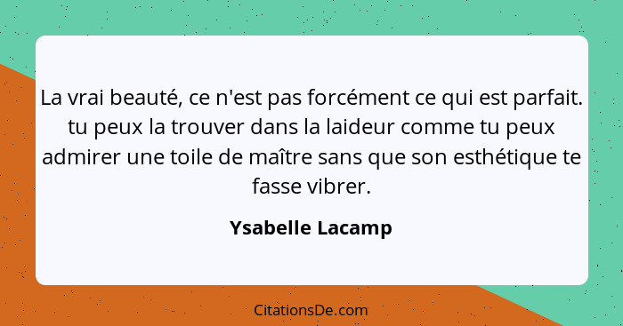 La vrai beauté, ce n'est pas forcément ce qui est parfait. tu peux la trouver dans la laideur comme tu peux admirer une toile de maî... - Ysabelle Lacamp