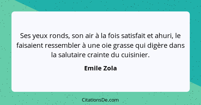 Ses yeux ronds, son air à la fois satisfait et ahuri, le faisaient ressembler à une oie grasse qui digère dans la salutaire crainte du cu... - Emile Zola