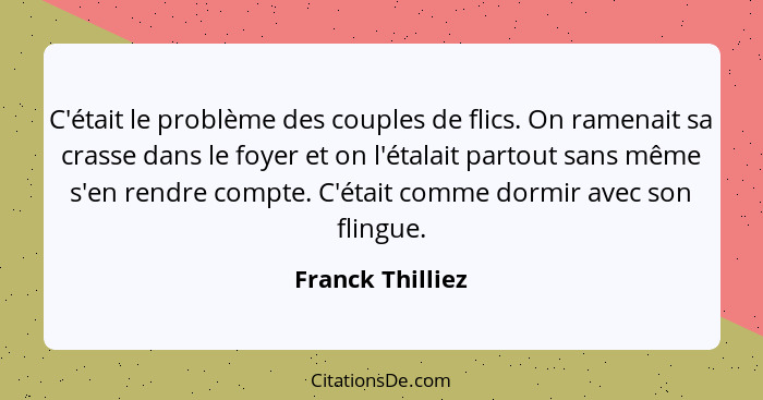 C'était le problème des couples de flics. On ramenait sa crasse dans le foyer et on l'étalait partout sans même s'en rendre compte.... - Franck Thilliez