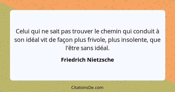 Celui qui ne sait pas trouver le chemin qui conduit à son idéal vit de façon plus frivole, plus insolente, que l'être sans idéal... - Friedrich Nietzsche