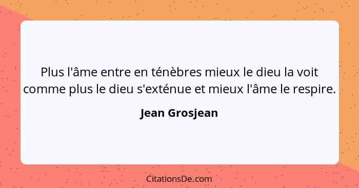 Plus l'âme entre en ténèbres mieux le dieu la voit comme plus le dieu s'exténue et mieux l'âme le respire.... - Jean Grosjean