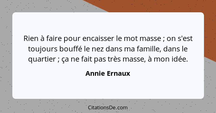 Rien à faire pour encaisser le mot masse ; on s'est toujours bouffé le nez dans ma famille, dans le quartier ; ça ne fait pas... - Annie Ernaux