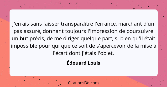 J'errais sans laisser transparaître l'errance, marchant d'un pas assuré, donnant toujours l'impression de poursuivre un but précis, de... - Édouard Louis