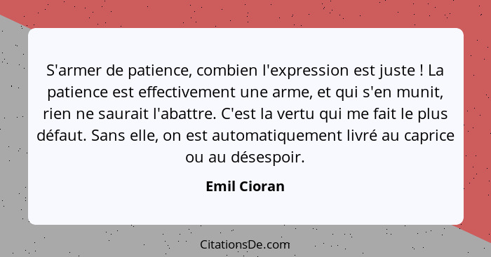 S'armer de patience, combien l'expression est juste ! La patience est effectivement une arme, et qui s'en munit, rien ne saurait l'... - Emil Cioran