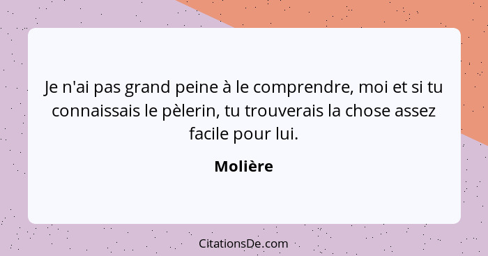 Je n'ai pas grand peine à le comprendre, moi et si tu connaissais le pèlerin, tu trouverais la chose assez facile pour lui.... - Molière