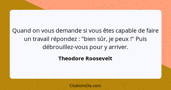 Quand on vous demande si vous êtes capable de faire un travail répondez : "bien sûr, je peux !" Puis débrouillez-vous p... - Theodore Roosevelt