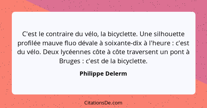 C'est le contraire du vélo, la bicyclette. Une silhouette profilée mauve fluo dévale à soixante-dix à l'heure : c'est du vélo.... - Philippe Delerm
