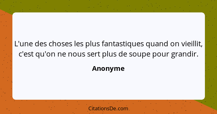 L'une des choses les plus fantastiques quand on vieillit, c'est qu'on ne nous sert plus de soupe pour grandir.... - Anonyme