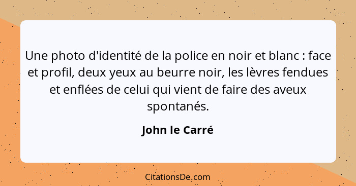 Une photo d'identité de la police en noir et blanc : face et profil, deux yeux au beurre noir, les lèvres fendues et enflées de c... - John le Carré