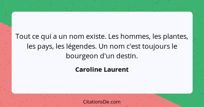 Tout ce qui a un nom existe. Les hommes, les plantes, les pays, les légendes. Un nom c'est toujours le bourgeon d'un destin.... - Caroline Laurent