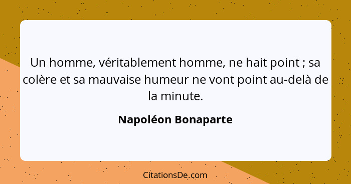 Un homme, véritablement homme, ne hait point ; sa colère et sa mauvaise humeur ne vont point au-delà de la minute.... - Napoléon Bonaparte